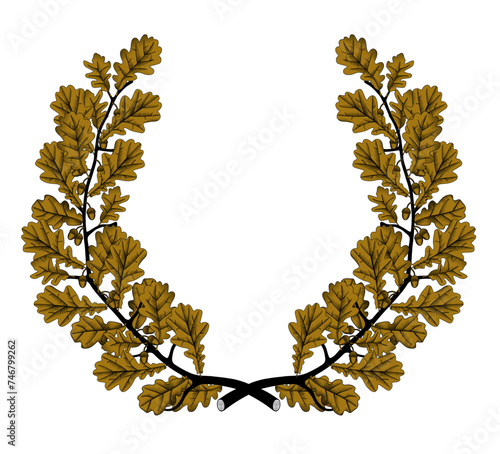 Round frame in the form of an oak brown wreath in vintage color engraving style isolated on white background. Vector illustration