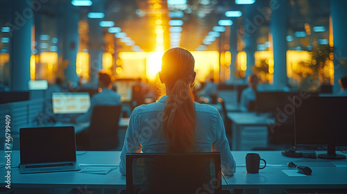 Woman working in the office with a sunset light