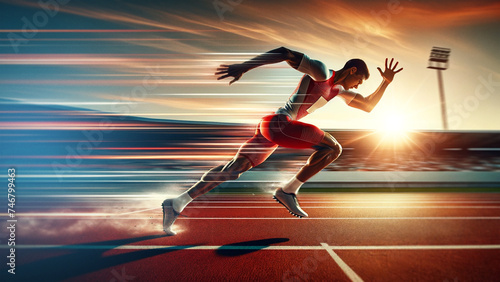 Sprinter in explosive start on the track field, motion blur conveying speed, competitive track and field athletics concept