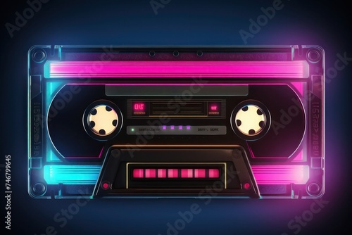 Retro cassette tape with neon vibrant colors against black background. 80s and 90s music and design. © Helios4Eos
