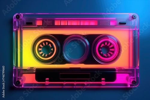 Retro cassette tape with neon vibrant colors against black background. 80s and 90s music and design.