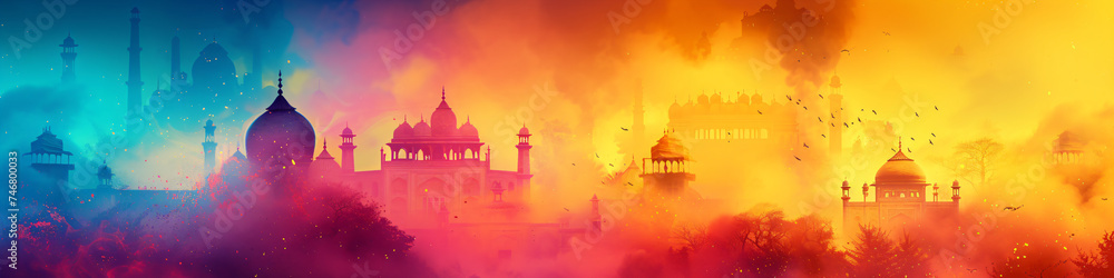 Obraz premium India background of colorful Indian travel landscape. Hindu festival of colours. Colorful Gulal for indian festival. Happy Holi. Design for card, poster, banner with copy space