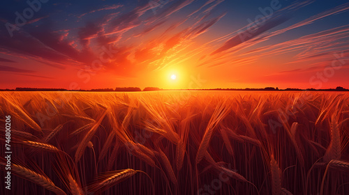 As the sun sets in the west, the golden wheat fields stretch to the horizon © jiejie