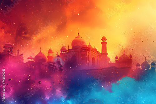 India background of colorful Indian travel landscape. Hindu festival of colours. Colorful Gulal for indian festival. Happy Holi. Design for card, poster, banner with copy space