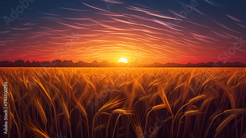 As the sun sets in the west, the golden wheat fields stretch to the horizon © jiejie