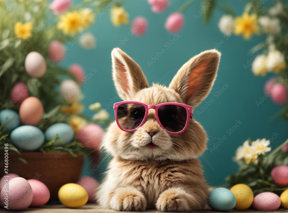 Easter bunny with sunglasses surrounded by colorful Easter eggs