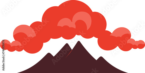 Red cloud explosion over mountains, volcanic eruption smoke. Disaster natural phenomenon, danger volcano activity vector illustration