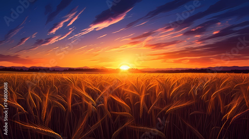 As the sun sets in the west, the golden wheat fields stretch to the horizon