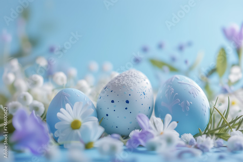 Easter card with pastel colors Easter eggs with flowers on blue background. free space