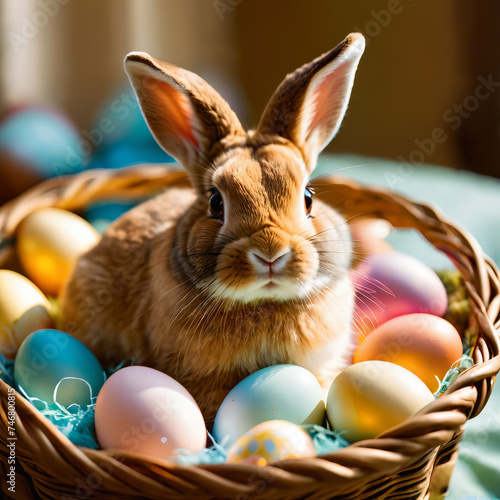 cute easter bunny in an easter basket full of colourful easter eggs, easter rabbit, vibrant, springtime joy, spring holiday, festive easter surprise © aiximagination