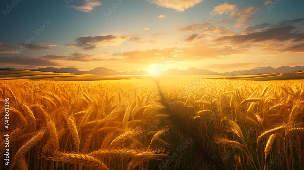 As the sun sets in the west, the golden wheat fields stretch to the horizon