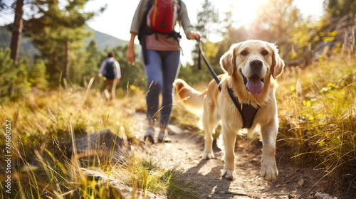 A joyful golden retriever leads the way on a sunny trail hike with its owners in the background. © Александр Марченко
