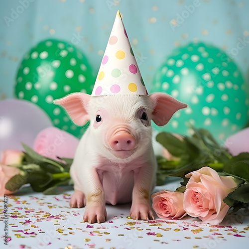 Pig in a party hat. Desing  for  card. photo