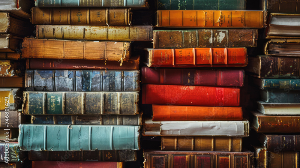 A textured array of vintage books stacked tightly together, showcasing their worn spines and the rich history they carry. - obrazy, fototapety, plakaty 