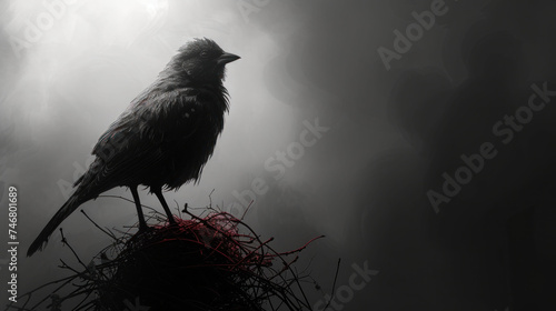 a black and white photo of a bird sitting on top of a nest in the middle of a foggy forest.