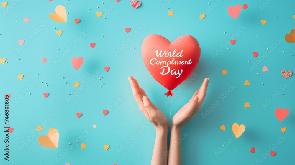 Hands Releasing Heart Balloon for World Compliment Day - obrazy, fototapety, plakaty 
