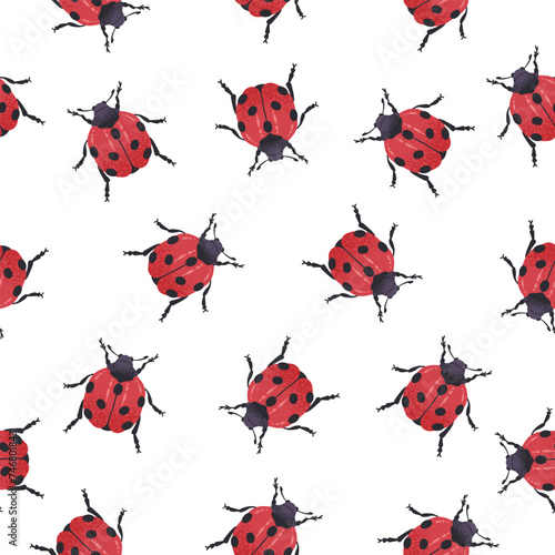 Ladybug seamless pattern. Hand drawn ladybird beetle print, cute spotted insect flat vector background illustration. Cartoon ladybird endless design