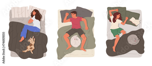 Sleeping people. Man and woman resting in bed with cats, napping characters and cute pets flat vector illustration set. Male and female person sleeping in cozy bed