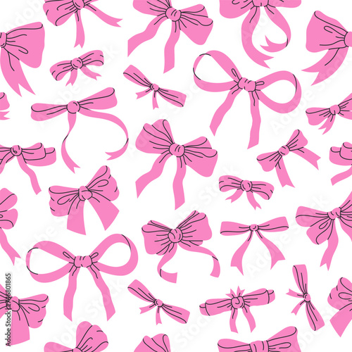 Pink bows pattern. Hand drawn Birthday gifts ribbon decoration seamless pattern, silk bow-knot for holidays gift boxes flat vector background illustration. Cute bows endless design