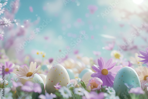 Easter card with pastel colors Easter eggs with flowers on blue background. free space