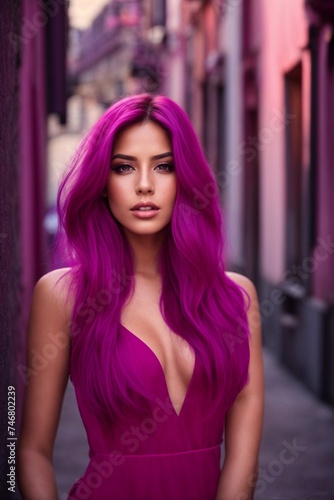 Woman With Long Purple Hair Standing on a City Street. Generative AI.