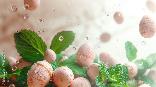 Easter eggs, green leaves and water drops against pink background. empty space. easter banner