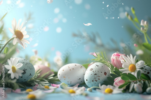 Easter card with pastel colors Easter eggs with flowers on blue background. free space