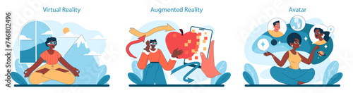 Virtual Tourism set. Engaging in virtual reality