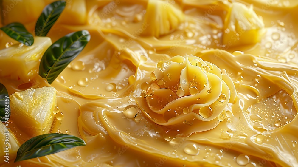 Close-up of the creamy and refreshing texture of pineapple ice cream with small pieces of the fruit. Juicy pieces of pineapple in an irresistible ice cream. Close-up of the creamy and refreshing texture of pineapple ice cream with small pieces of the fruit. Juicy pieces of pineapple in an irresistible ice cream.