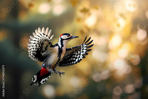 The Great Spotted Woodpecker gracefully glides through the air, its vibrant plumage and distinctive markings catching the sunlight as it moves with agile precision © Russell