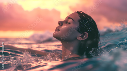 Woman model swimming in the sunset © DimaSabaka