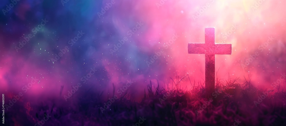 Crucifixion Of Jesus Christ Abstract  christian cross colorful banner  , easter and christian concept, horizontal background, copy space for text - obrazy, fototapety, plakaty 