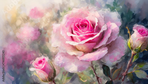 Illustration of pink roses in nature. Beautiful flowers. Smooth wet oil painting. .