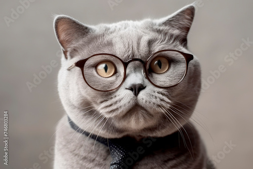 Beautiful cute British cat with glasses. eyes glasses for correcting vision. Optic store poster, glasses sale concept.