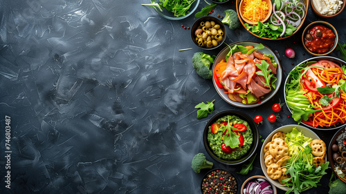 Assortment of healthy food dishes on a dark background with copyspace for your text