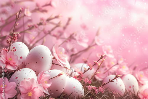 Easter card with pastel colors Easter eggs with flowers on pink background. free space