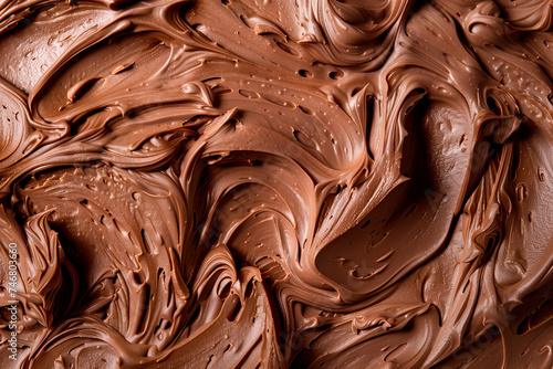 A closeup view of a generous swirl of chocolate whipped cream or smooth chocolate cream as background