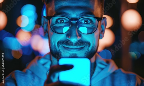A happy man with a mobile phone in his hands, looking at the camera, neon lighting