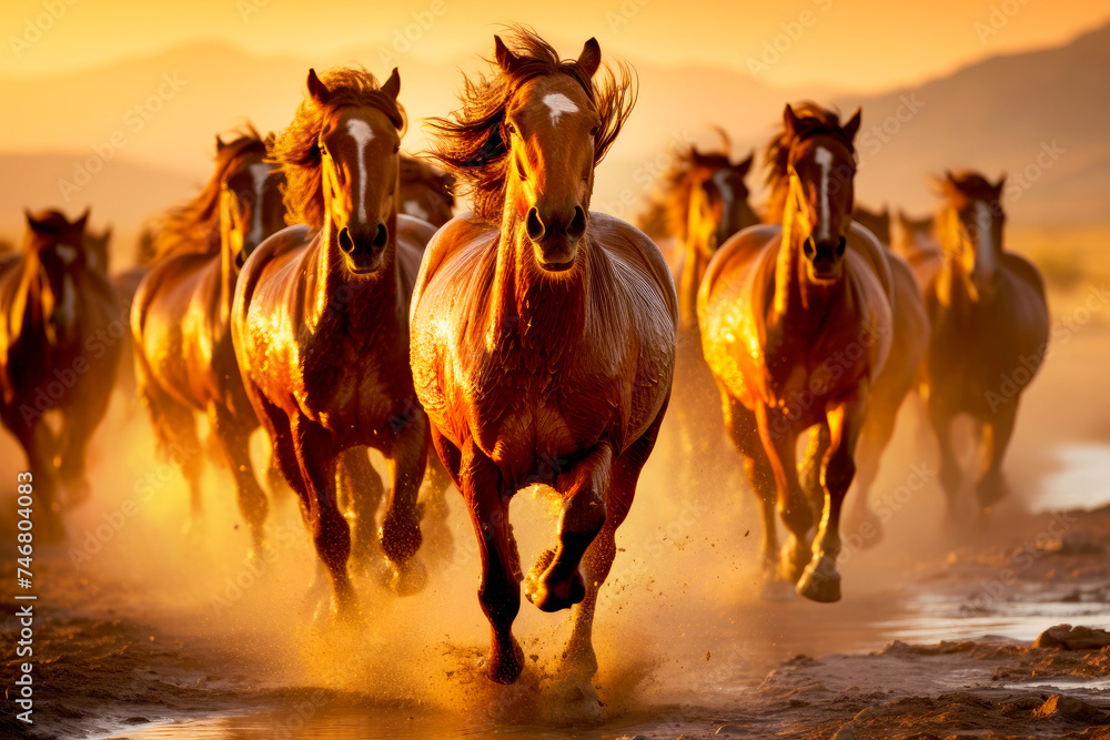 Horses free run at the steppes against sunset sky on a dusty area. Sunset, golden hour.