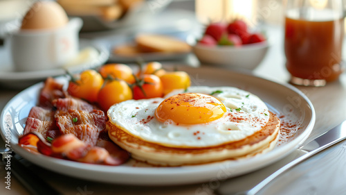 Closeup on a plate with eggs, pancakes and bacon