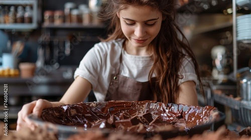 Young woman making artisan chocolate in kitchen filled with natural light. Baker or chocolatier preparing chocolate bonbons. World chocolate day concept. Generative ai