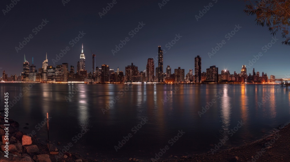 Beautiful view of a city in the United States at night or sunset seen from a majestic lake landscape. night city concept in high definition and high quality