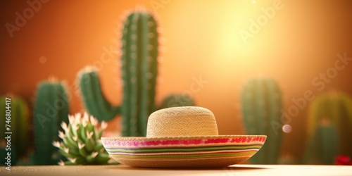 Cactus and sombrero hat for Cinco de Mayo holiday party celebration on yellow background. Fifth of May celebration concept. Mexican background fiesta holiday time. Generative ai
