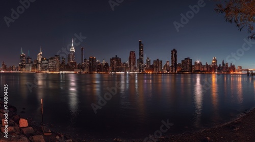 Beautiful view of a city in the United States at night or sunset seen from a majestic lake landscape. night city concept in high definition and high quality