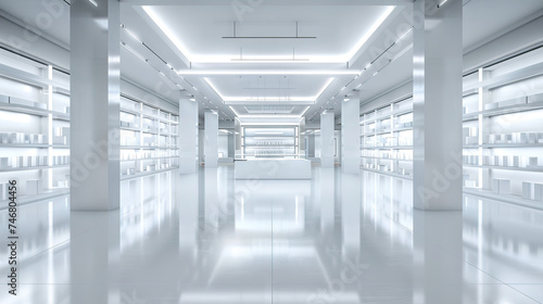 Empty Retail Store: An empty retail store space with shelves and display areas, suitable for visualizing product placement.