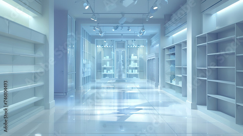 Empty Retail Store: An empty retail store space with shelves and display areas, suitable for visualizing product placement.