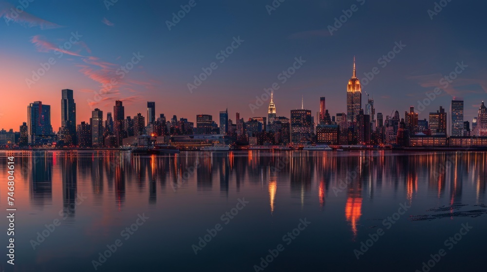 beautiful view of a city in the United States at night or sunset seen from a lake majestic landscape