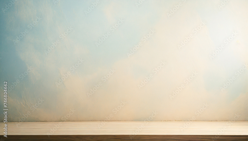 Background of blue and beige tones. Painted plaster wall with wood floor. Blank backdrop for text copy or design or photography plate Background of blue and beige tones. Painted plaster wall with wood floor. Blank backdrop for text copy or design or photography plate