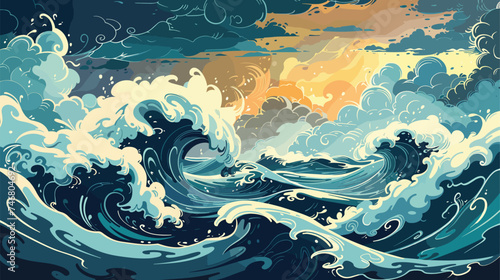Ocean Sea storm surface. Vector illustration, cartoon seascape or waterscape photo
