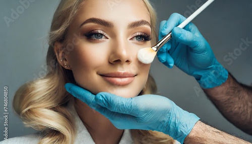 Close up portrait of young blonde woman with cosmetologist man hands in a gloves. Preparation